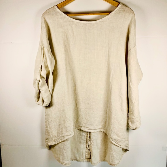 Terzo Millennio Tops - Boho chic 100% Linen Made in Italy tan/beige high low top buttons spring/beach